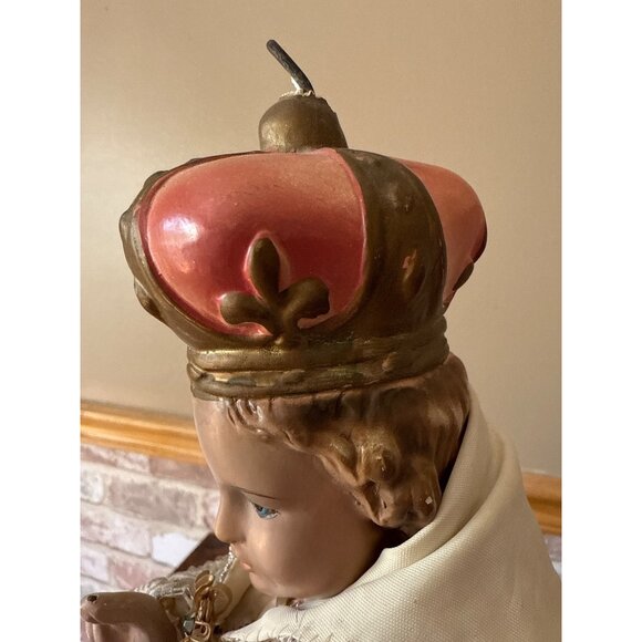 Vintage Infant Jesus of Prague Statue Spanish Olot Chalkware Silver Brocade - Picture 12 of 16